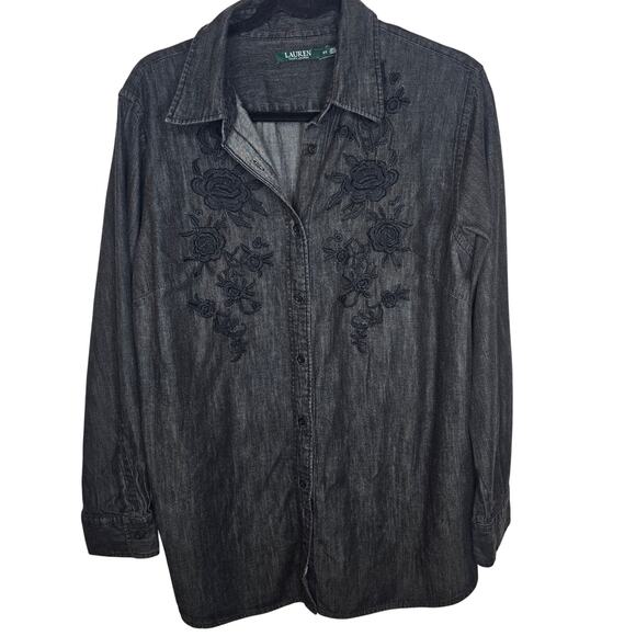 Lauren Ralph Lauren Embroidered Chambray Black Button Up Shirt Women's Size 2X - Picture 1 of 7